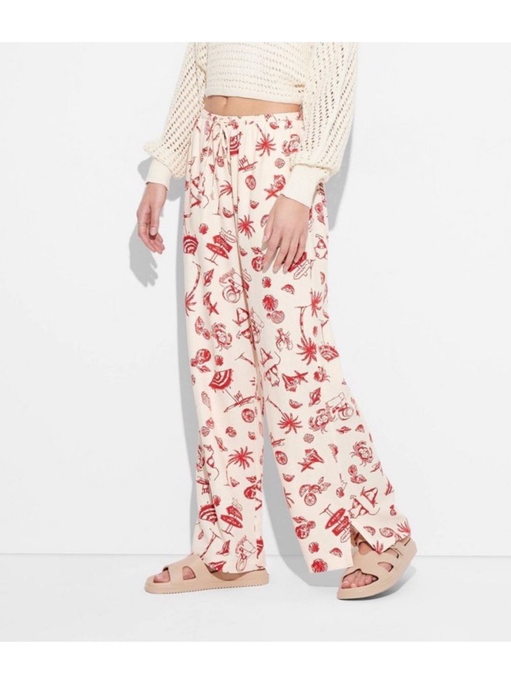 wild fable Cream Wide-Leg Pants with Red Print